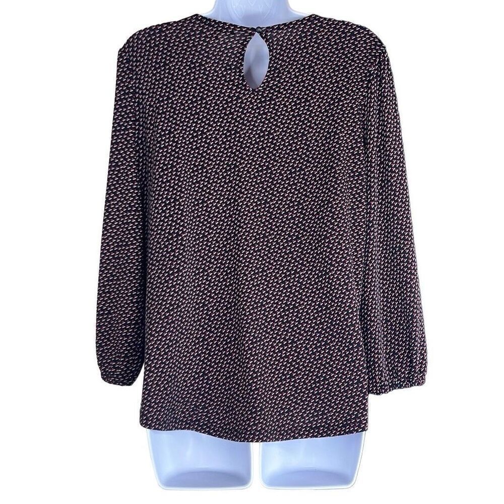 Adrianna Papell Heart Print Black Red Smocked Shoulder Blouse Medium Long Sleeve - Picture 2 of 9